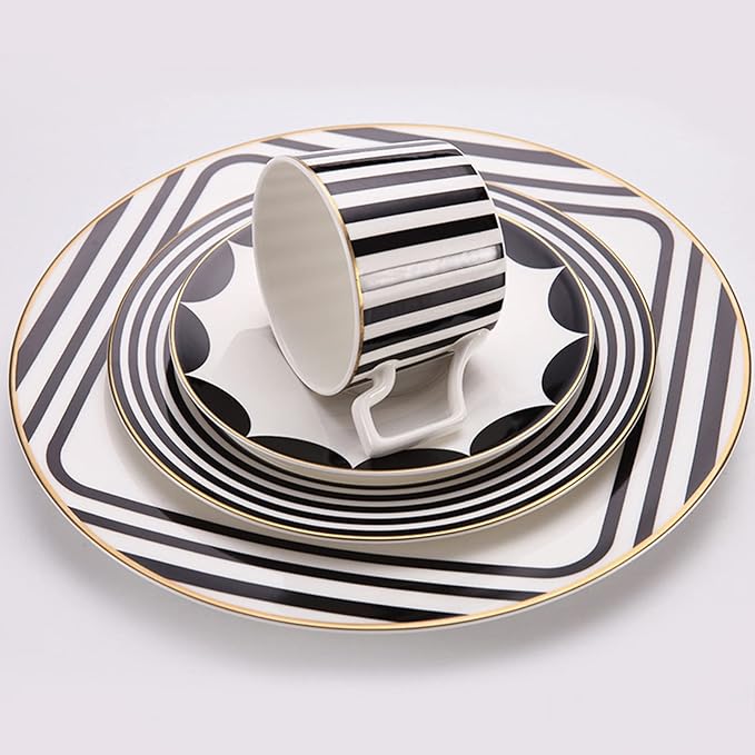 8-Piece Dinnerware Set Service for 2 Black and White Striped Geometric Series Include 2 Dishs 2 Salad Plates 2 Mugs and Saucers