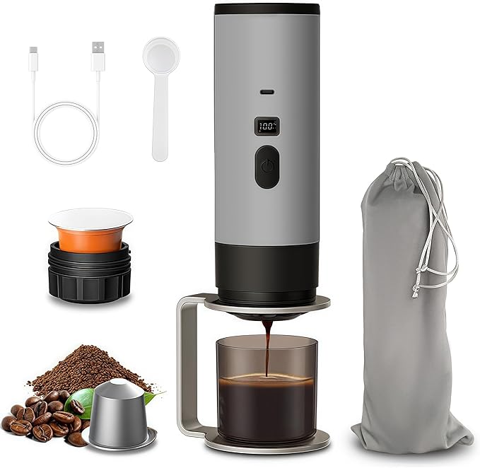 Portable Coffee Maker Espresso Machine for Travel Nano Car Coffee Maker Compatible with Ground Coffee &amp Capsule for RV Hiking Camping Office Travel Espresso Maker Electric Gray