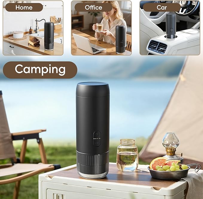 Portable Espresso Maker 20Bar Pressure &amp Up to 60 Cups per Charge Battery Operated Portable Coffee Maker Works with Ground Coffee &amp Capsules for Camping Car Travel and Office Use.