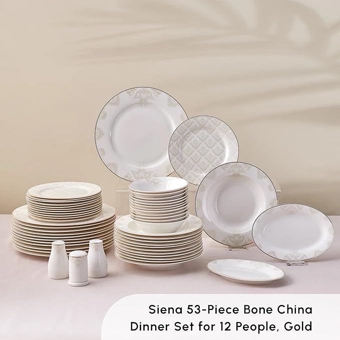Karaca Siena 53-Piece Porcelain Plates and Bowls Set with Dinner &amp Dessert Plates Shakers - Bone China Dishware Sets - Kitchen Dinnerware Set for 12 People