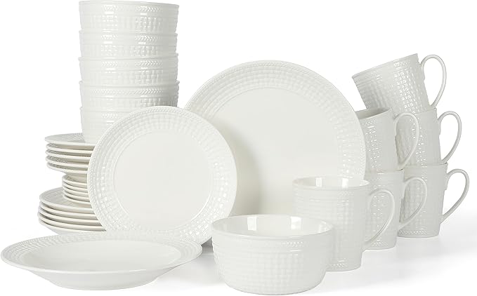 Martha Stewart 30-Piece Basket Weave New Bone China Embossed Chip and Scratch Resistant Porcelain Dinnerware Set