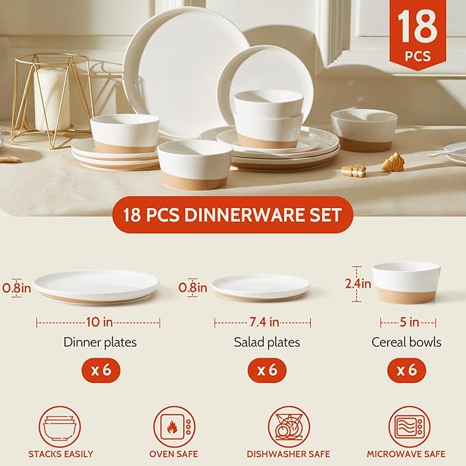 Sweese 18 Pieces Porcelain Dinnerware Set Modern Dish Set for 6 Hand Painted Kitchen Plates and Bowls Sets Scratch Resistant Dishware Sets Dishwasher &amp Microwave &amp Oven Safe Dinner Set Br