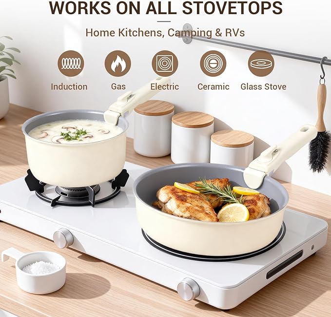 Ammeloo Ceramic Pots and Pans Set Non Stick Non Toxic Cookware Set with Removable Handles 18 Pcs Healthy Kitchen Cooking Set Induction Ready Dishwasher &amp Oven Safe PFAS PFOA &amp PTFE Free