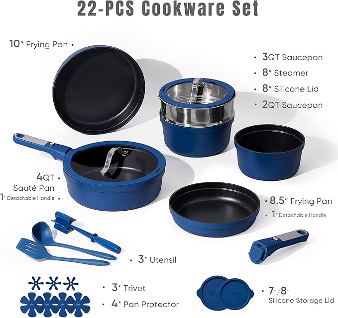 CAROTE 22pcs Pots and Pans Set Non Stick Nonstick Cookware Set Dishwasher/Oven/Fridge Safe Pots and Pans Removable Handle RV Oven Safe Cookware Induction Kitchen Set Blue