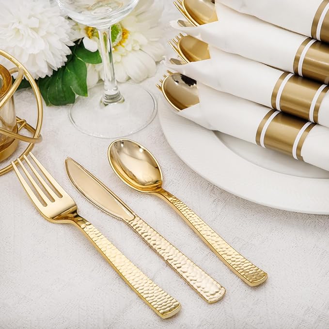 Nervure 400PCS Pre Rolled Gold Plastic Silverware Sets - Heavy Duty Hammered Gold Cutlery Include 100 Pack Wrapped Disposable Utensils with Napkins for Parties Dinners &amp Weddings