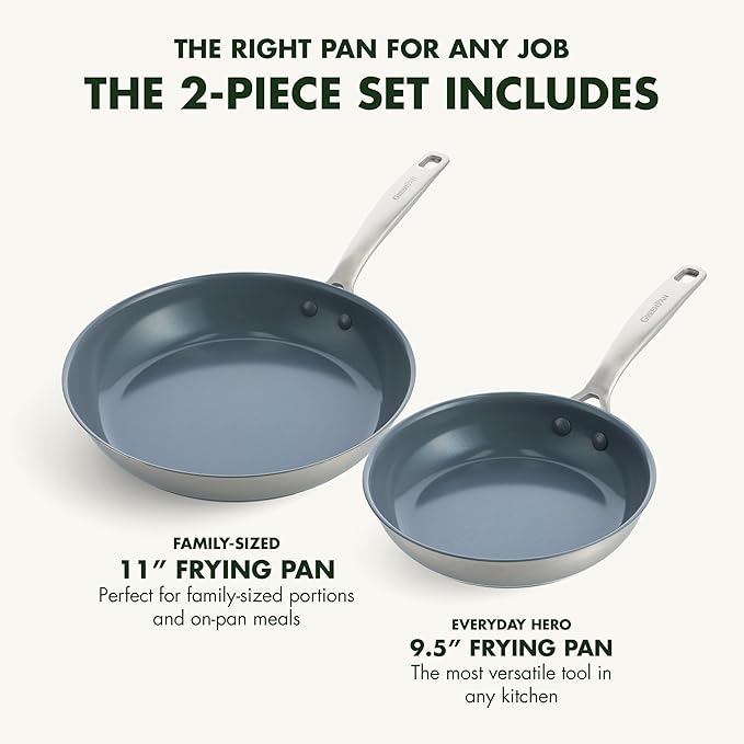 GreenPan Treviso 9.5” and 11” Frying Pan skillet Set Non-Toxic PFAS-Free Stainless Steel Ceramic Nonstick Coating Induction Suitable Multi Clad Pouring Rims Dishwasher &amp Oven Safe to 600°