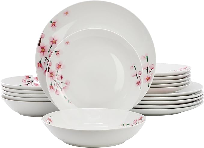 Elama Tamara 18 Piece Cherry Blossom Porcelain Dinnerware Set Service for 6 in White and Pink