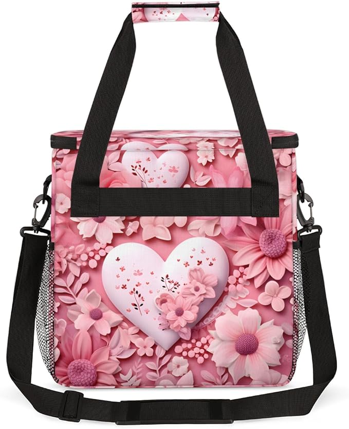 Heart Pink Flowers Coffee Maker Carrying Bag Portable Travel Storage Tote Bag Compatible with K-Mini or K-Mini Plus Single Serve Coffee Brewer Carrying Case with Multiple Pockets &amp Shoulder Stra