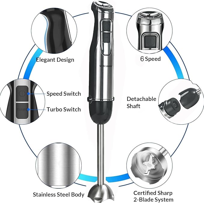 500W Powerful Hand Blender 4-in-1 Immersion Blender with 6-Speed &amp Turbo BPA-Free 600ml Beaker Whisk Food Chopper Stainless Steel Blades Ergonomic Grip