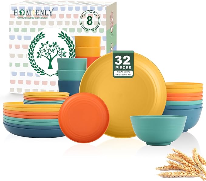 Homienly Dinnerware Set 32-Piece Wheat Straw Dinnerware Sets Unbreakable Reusable Dinnerware Set Kitchen Cups Plates and Bowls Sets Microwave and Dishwasher Safe Dishes for Camping Outdoor-Colorful