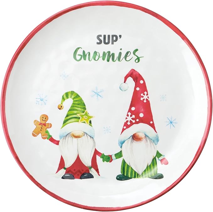 UPware 12 Piece Gnomies Melamine Dinnerware Sets Outdoor Dishes Set Plates and Bowls Sets Christmas Decorations Service for 4 White