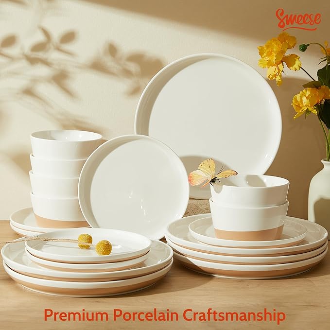 Sweese 18 Pieces Porcelain Dinnerware Set Modern Dish Set for 6 Hand Painted Kitchen Plates and Bowls Sets Scratch Resistant Dishware Sets Dishwasher &amp Microwave &amp Oven Safe Dinner Set Br
