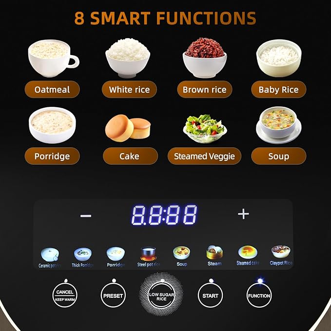 Rice Cooker 4L Low Carb with Nonstick Stainless Steel Inner Pot 8-Cup LED Display Rice Maker 24-Hr Delay Timer &amp 8-Hr Keep for White Rice/Porridge