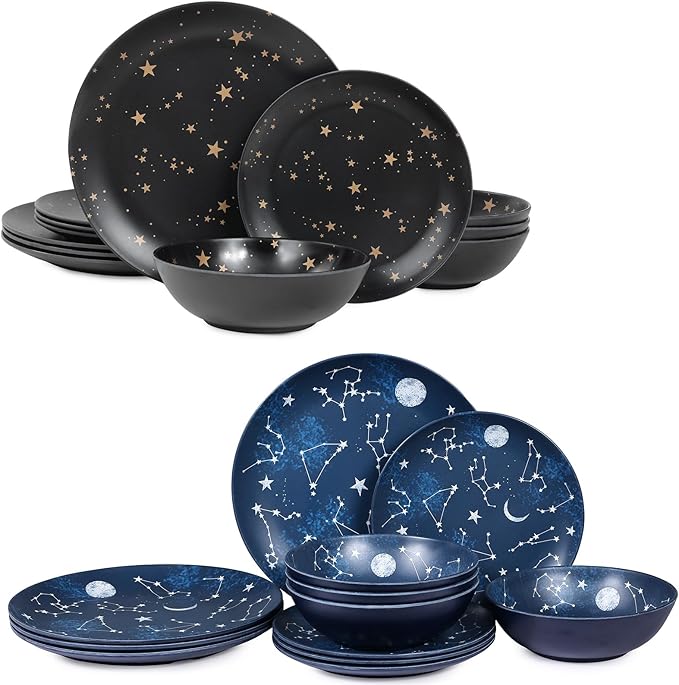 12 Piece Melamine Dinnerware Sets for 4 - Starry Pattern Camping Dishes Set for Indoor and Outdoor Use Dishwasher Safe Plates and Bowls Sets
