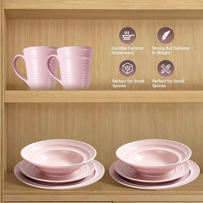 Modern Ceramic Dinnerware Set 4-Piece Mug Bowl and Dinner Plates (Mauve)