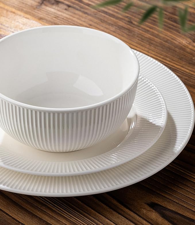 TheTerra Stoneware Dinnerware Sets for 6 18 Pieces Ceramic Plates and Bowls Sets Scratch Resistant Embossed Dish Set Oven Microwave &amp Dishwasher Safe Bright White