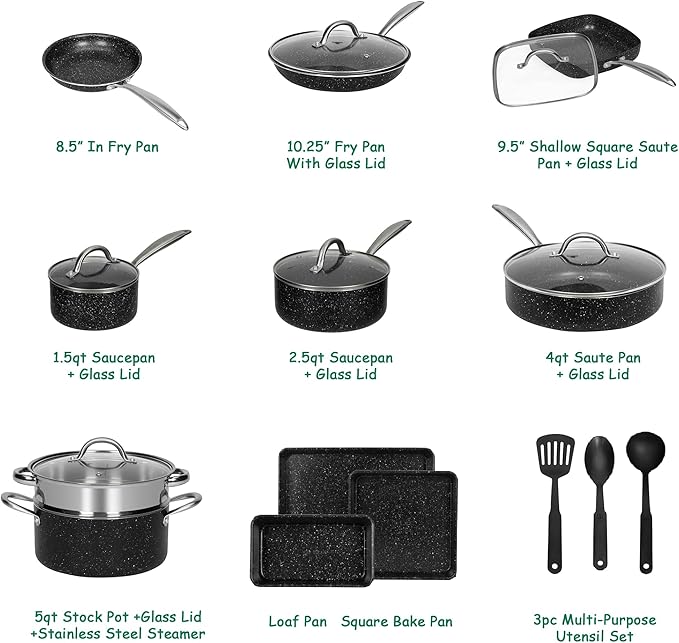 VECELO 20pcs Pots and Pans Set Non Stick Kitchen Induction Cookware Nonstick Saucepans Utensil Skillet with Maifan Stone Coated For Cooking(PFOS PFOA Free) Dishwasher &amp Oven Safe Black