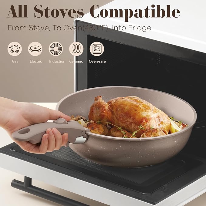15Pcs Pots and Pans Set Non Stick Cookware Sets with Detachable Handle Nonstick RV Kitchen Cooking Tools Removable Handles Oven Safe Induction Fast Stackable Induction Cookware Brown