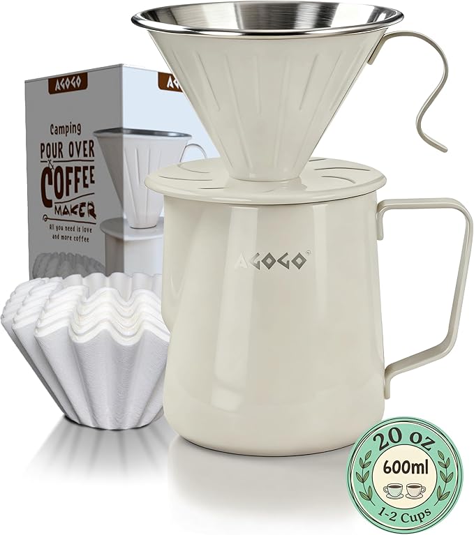 AGOGO Portable Pour Over Coffee Maker V60 Set - Easy Cleaning Compact 304 Stainless Steel Dripper for Camping &amp 50 Filters Paper &amp Barista Towel- Cream-20oz/600ml