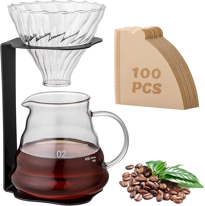 Coffee Pour Over Set – Complete Pour Over Coffee Maker with Dripper Pot and 100 Filters | Portable V60 Style Drip Coffee Pour Over