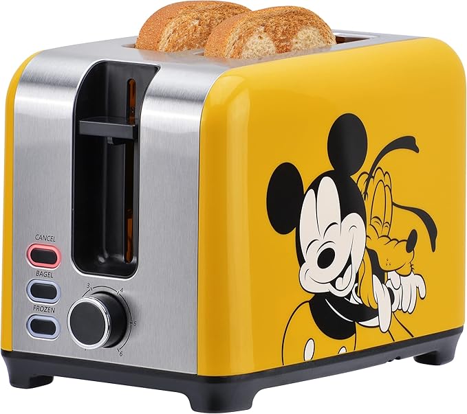 Disney Mickey &amp Pluto 2-Slice Toaster by Select Brands - Fast Toaster with Wide Slots Toast Lift &amp Crumb Tray - Kitchen Essential for Sandwich Bread Breakfast &amp Bagels