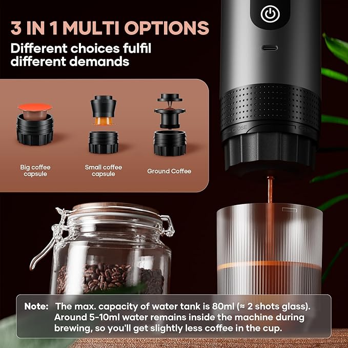 Portable Coffee Maker Espresso Machine Small Electric Battery Operated Coffee Cup Mini Espresso Machines Self-Heating Car Travel Espresso Pod Maker 3-IN-1 Ground Coffee &amp NS Capsule Hiking Campin