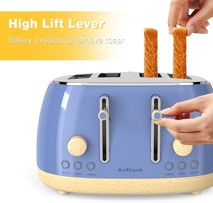 Toaster 4 SliceRetro Stainless Steel Toaster with Extra Wide Slots Cancel Bagel Defrost Function Dual Independent Control Panel Removable Crumb Tray and High Lift Lever (Sapphire Blue)