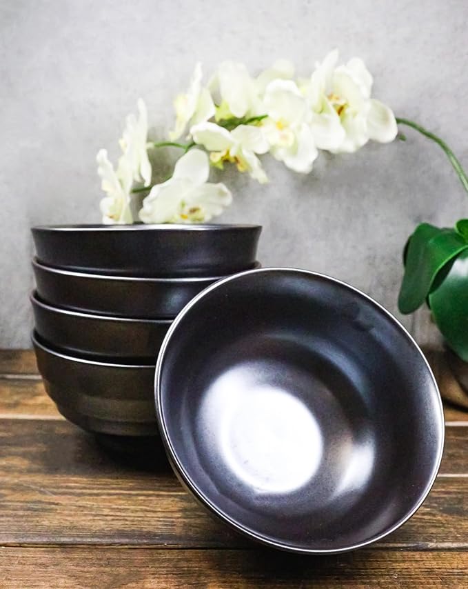 Ebros Gift Iron Black Clay Underglaze Technique Tetsu Kesho Porcelain Dinnerware Kitchen Set Asian Japanese Restaurant Supply (Pack Of 5 Medium Soup Salad Rice Bowls 24oz)