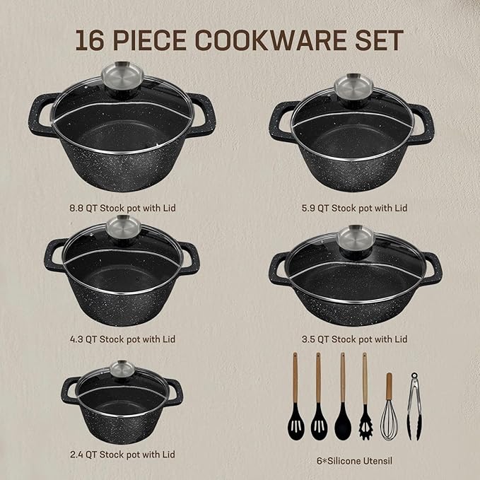 16PCS Cookware Set Nonstick Pots and Pans Sets Kitchen Cooking Set Gasserole with Lid Utensils Dishwasher Safe PTFE/PFOA Free Black