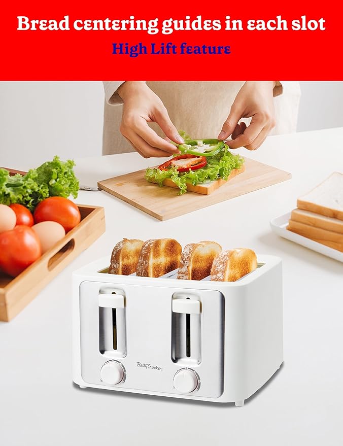 Betty Crocker 4-Slice Toaster 1500W Variable Toast Shade Control Dials High Lift Feature Cool Touch Housing Bread Centering Guides Drop Down Crumb Tray BC-5635W White
