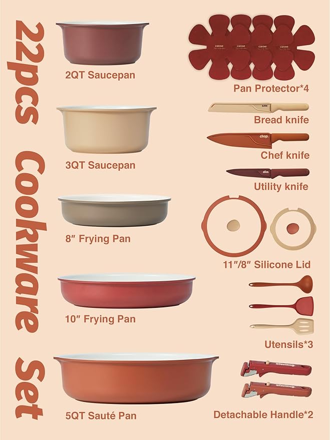CAROTE 22 Pcs Ceramic Cookware Set Detachable Handle Non Toxic Pots and Pans Set Non Stick Induction Kitchen Cookware Removable Handles Oven Safe Stackable RV/Camping Cooking Set Multi-Color