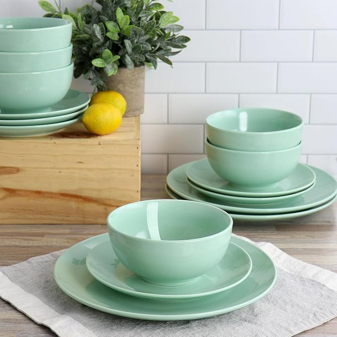 18 Piece Porcelain Dinnerware Set – Service for 6 Microwave &amp Dishwasher Safe Plates and Bowls – Elegant Multicolor Tableware in White Dark Blue Mint Green and Blue (Mint Green)