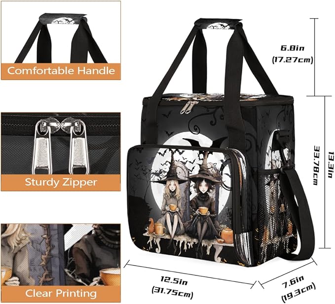 Halloween Witch Bat Moon Coffee Maker Carring Bag Travel Carrying Storage Tote Bag Compatible with Keurig K-Mini or K-Mini Plus Portable Single Serve Coffee Brewer Case with Pockets for K-cup Pods