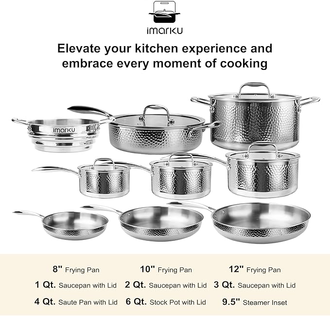 imarku 14-Piece Stainless Steel Cookware Set Tir-Ply Pots and Pans Set with Lids Induction Compatible Oven Safe to 500°F Non-ToxicDishwasher Safe Ideal Gift for Home Cooking Women
