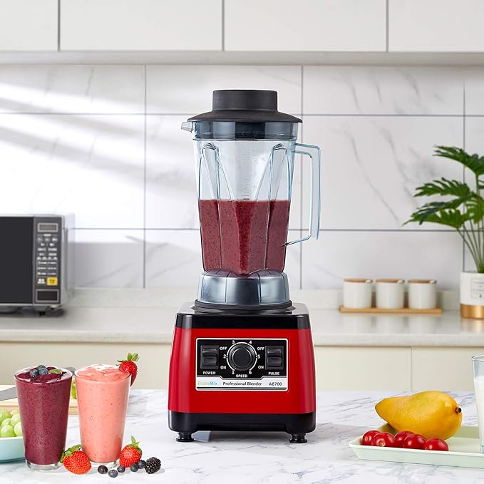 BioloMix Heavy Duty Professional Blender Peak 2200W Commercial Grade Bar Blender With 70Oz Container For Shakes Smoothies Ice Crushing Frozen Fruits Soups Dry Grinding (Red)
