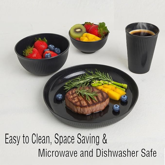 36 Pcs Lightweight Black Wheat Straw Dinnerware Set - Unbreakable Dishes for Kitchen &amp Camping | Microwave Dishwasher Safe