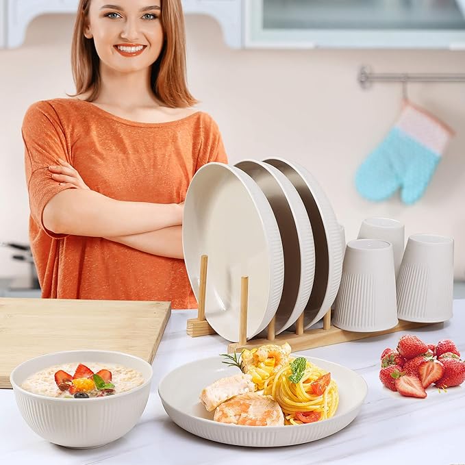 12pcs Wheat Straw Dinnerware Sets Kitchen Unbreakable Wheat Straw Plates and Bowls Sets for College Dorm Apartment Reusable Beige