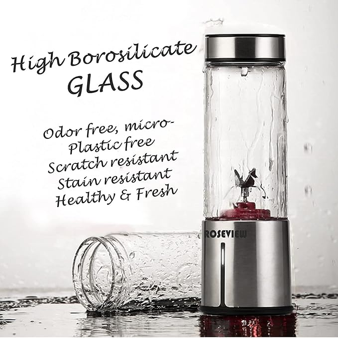 Portable Smoothie Blender ROSEVIEW Glass Cordless Mini Shakes Cup blend for smoothies USB rechargeable juicer 2 battery Handheld Personal travel Jet mixer (Metallic)