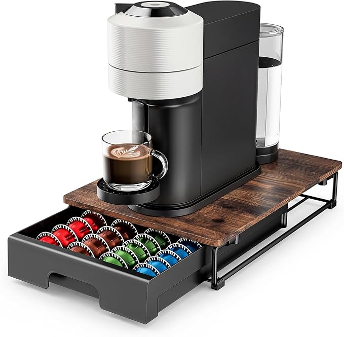 EVERIE Wooden Coffee Pod Storage Drawer for Nespresso VertuoLine Capsules Large Capacity Countertop Coffee Station Organizer Rustic Brown