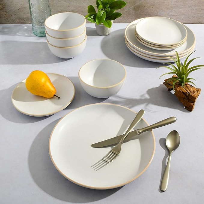 12-Piece Matte Stoneware Dinnerware Set – Modern Plates Bowls &amp Mugs for Everyday Dining (White)