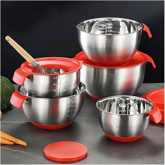 Stainless Steel Salad Mixing Bowl With Scale Non-Slip Silicone Lid Base Egg Beater Fruit Bowls Kitchen Utensils(22cm)