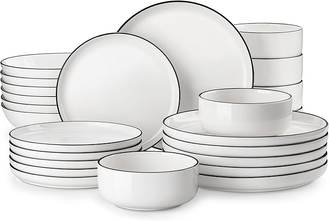 MALACASA Plates and Bowls Sets 24 Pieces Modern Porcelain Dinnerware Set for 6 Ceramic Dishware Dishes White Kitchen Dinner Dining Ware Set wtih Black Rim Microwave and Dishwasher Safe Series LUNA