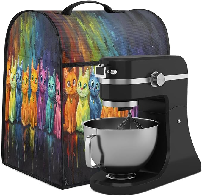 Kitchen Aid Mixer Cover Cat Color Oil Painting Stand Mixer Cover Compatible with 6-8 Quarts Stand Mixers Dust Covers with Zipper Pocket Foldable Washable Kitchen Aid Organizer Bag