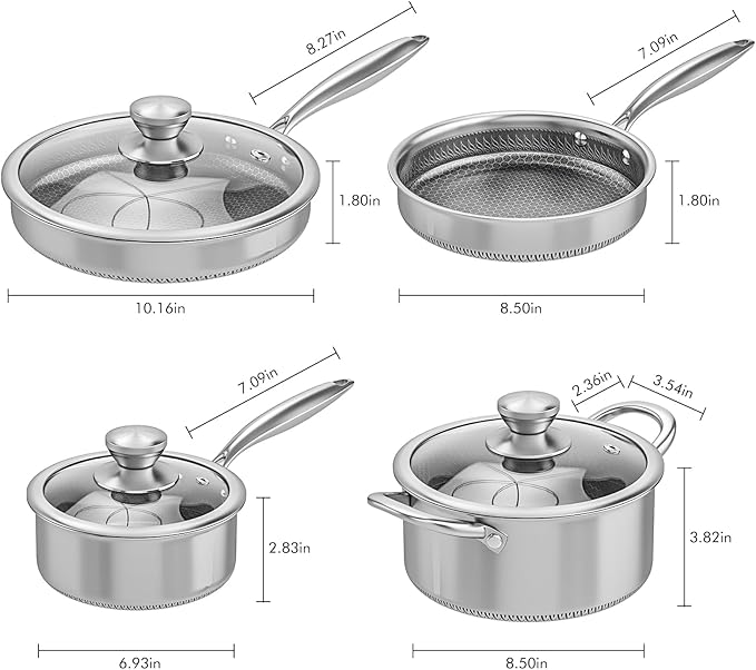 AuFranc® Hybrid Nonstick Stainless Steel Pots and Pans Set Induction Cookware Set with Tempered Glass Lids Non-stick Pot and Pan Set Suitable for All Cooktops Non-Toxic Dishwasher &amp Oven Safe