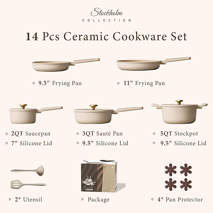 CAROTE Ceramic Cookware Set Nonstick 14pcs Pots and Pans Set Nonstick Non-Toxic &amp PFAS-Free Dishwasher RV/Camping Cookware Set Cooking Pots with Lids Light Taupe