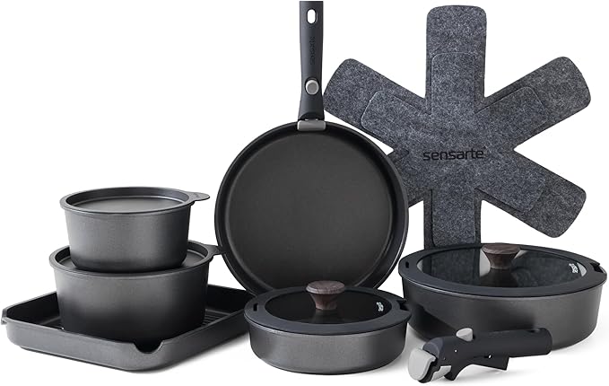 SENSARTE 17 Pcs Nonstick Detachable Handle Cookware Set 16 Pcs Nonstick Ceramic Pots and Pans Set w/Frying Pans Set Saucepans Set