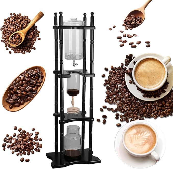 Ice Drip Coffee Maker 2500ml Cold Brew Coffee Tower Slow Drip Japanese Cold Brew Maker Drip Ice Coffee Tower Glass Dutch Coffee Dripper with Wood Straight Frame (Black)