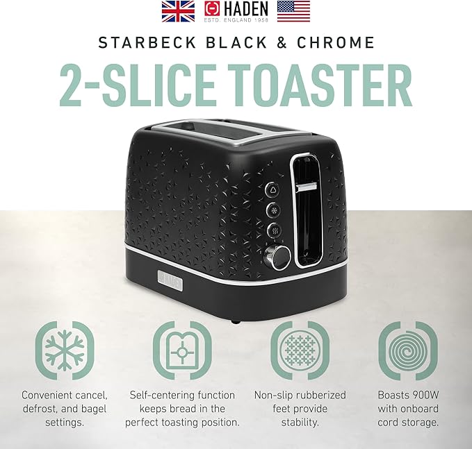 Haden Starbeck 2 Slice Wide Slot Stainless Steel Toaster with Adjustable Browning Control &amp Non-Slip Feet Black &amp Chrome
