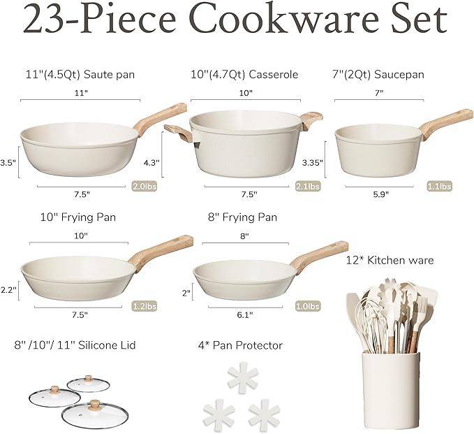 KILAY 23 Pcs Pots and Pans Set Nonstick Cookware Sets White Granite Induction Kitchen Cooking Set with Frying Pans &amp Saucepans