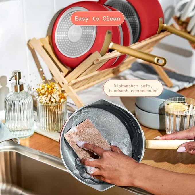 12-Piece Ceramic Nonstick Cookware Set Pots and Pans with Strainer Lids (Red Tomato)